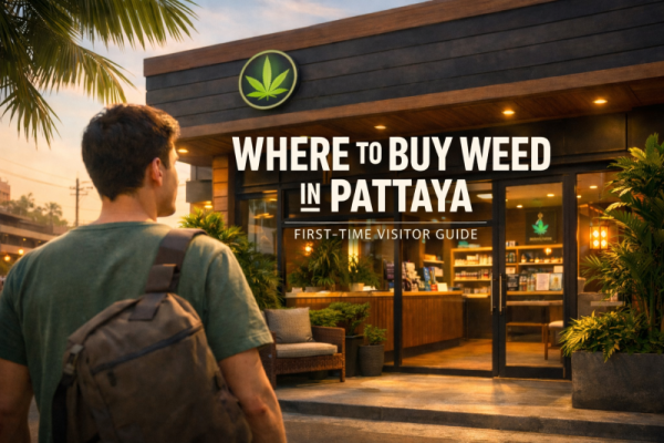 First-time visitor speaking with staff inside a modern cannabis dispensary in Pattaya