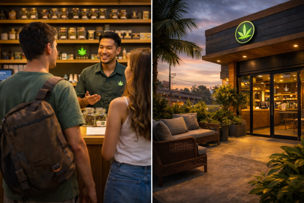 Exterior of a modern cannabis dispensary in Pattaya with tropical plants and welcoming entrance