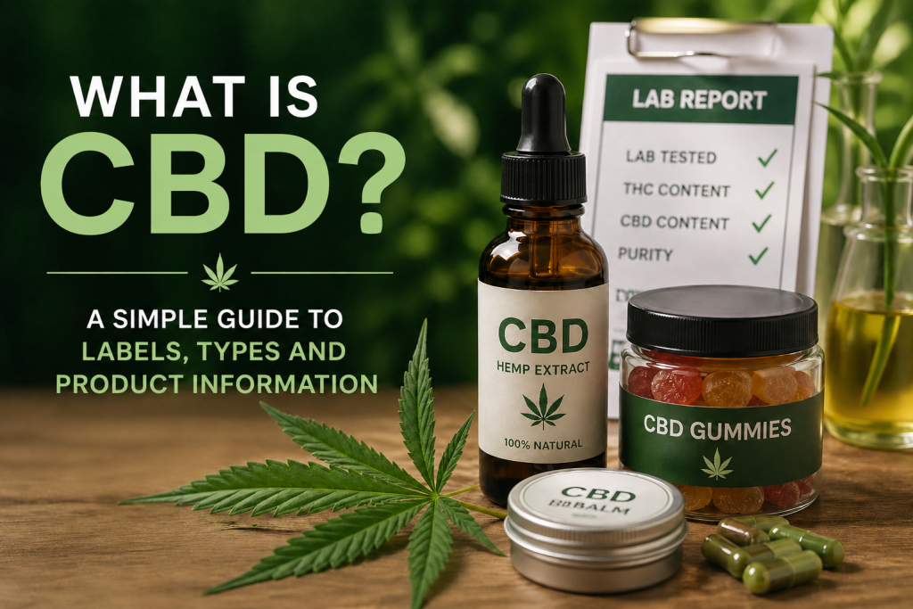 Educational featured image explaining what CBD is with CBD oil, gummies, balm, capsules, and product label information