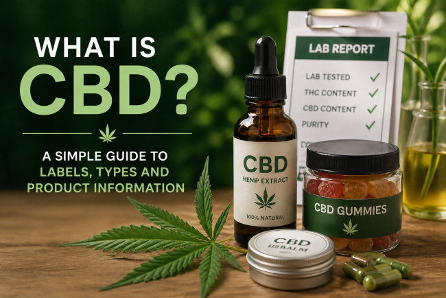 Educational featured image explaining what CBD is with CBD oil, gummies, balm, capsules, and product label information